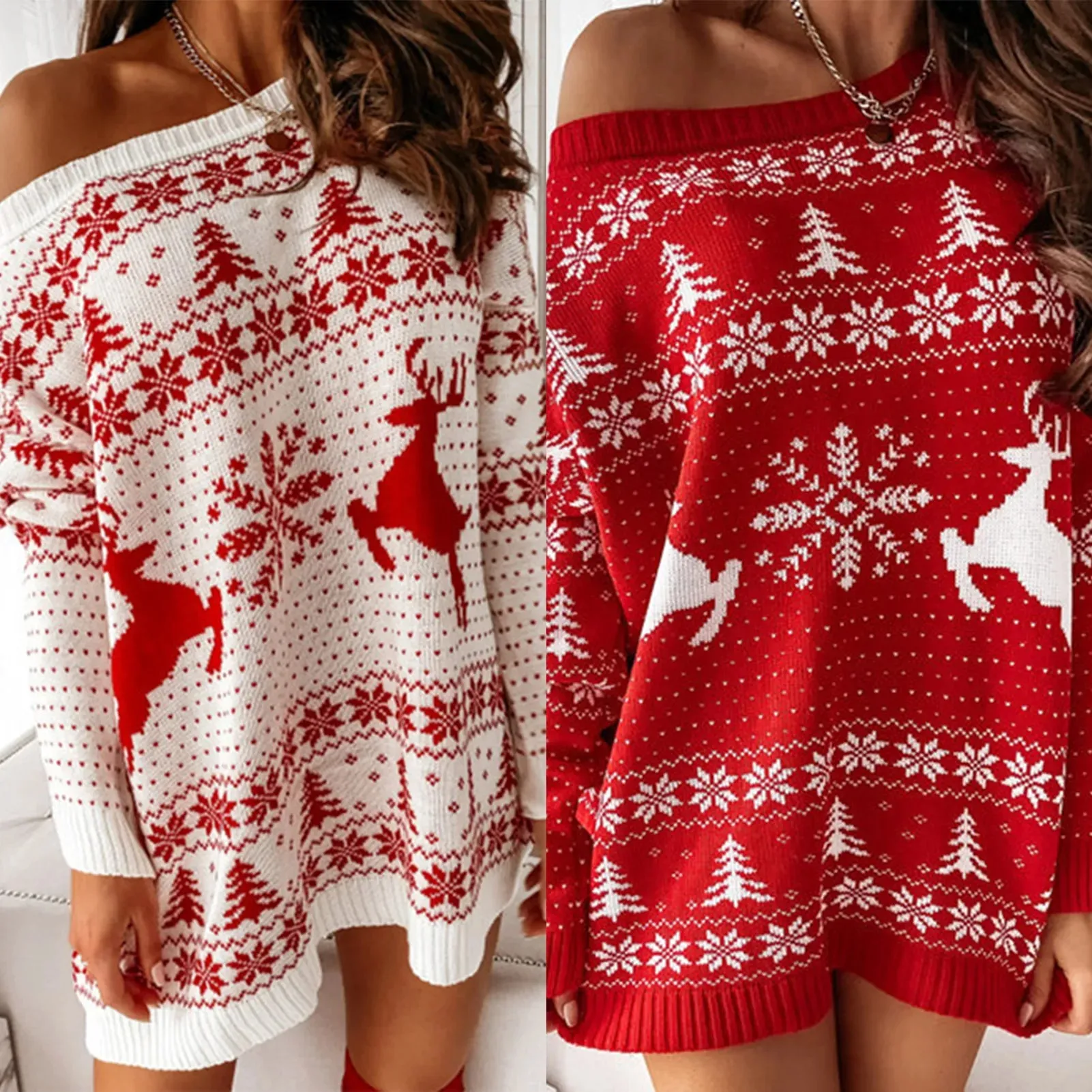 Loose Fit Christmas Knitted Top Long Sleeve Slash Neck Casual Winter Dress