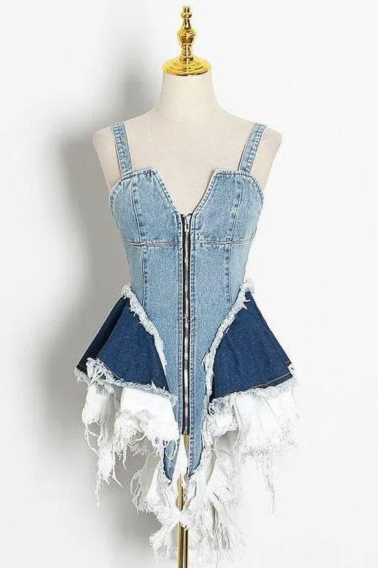 lotus leaf stitching slim blue denim dress