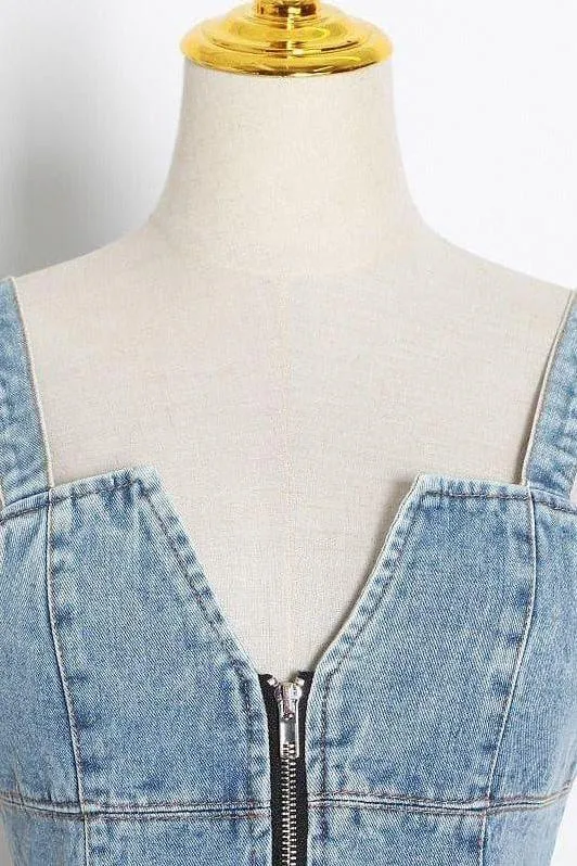lotus leaf stitching slim blue denim dress