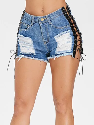 Low-rise Fashion Straps Worn Denim Shorts