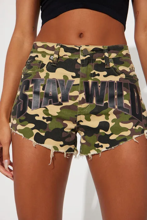 LP70228BP - "STAY WILD" CAMO DENIM SHORTS