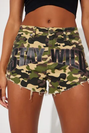 LP70228BP - "STAY WILD" CAMO DENIM SHORTS