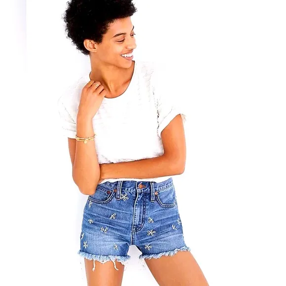MADEWELL Size 28 The Perfect Jean Shorts: Daisy Embroidered Cut-Off Denim EUC