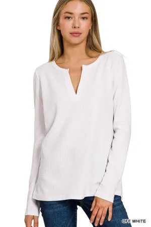 MELANGE BABY WAFFLE V-NECK LONG SLEEVE T
