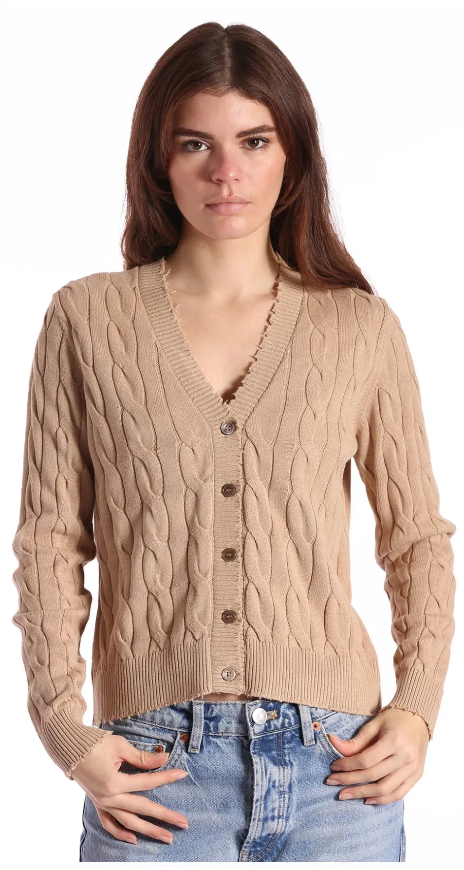 Minnie Rose Cotton Frayed Cable Cardigan