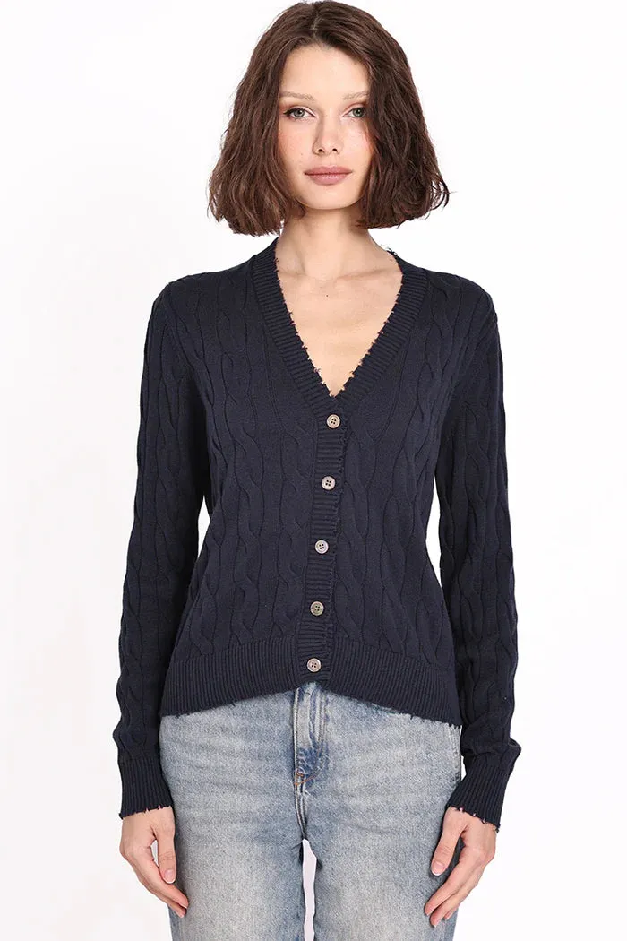 Minnie Rose Cotton Frayed Cable Cardigan