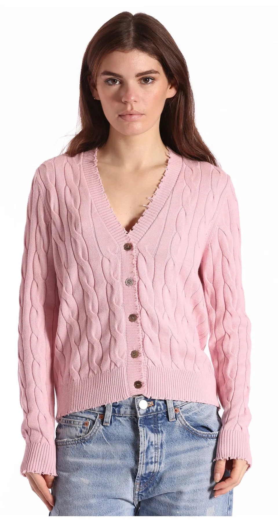 Minnie Rose Cotton Frayed Cable Cardigan