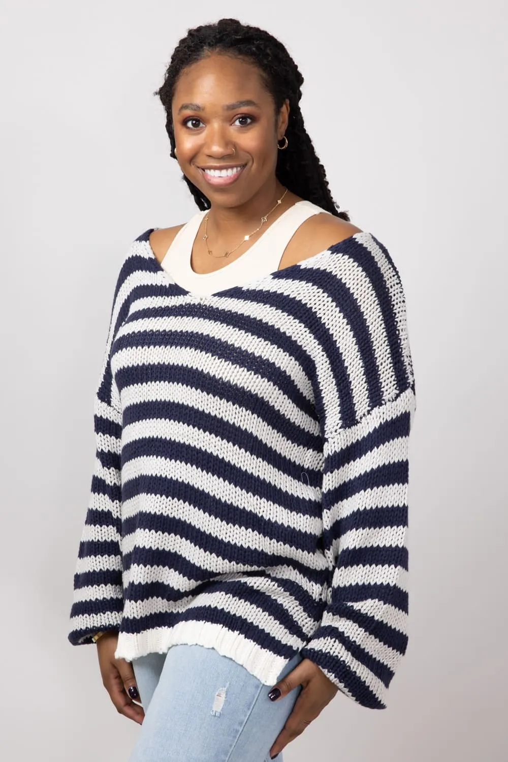Miracle Striped V Neck Sweater for Women in Denim Combo | F183-DENIMCOMBO