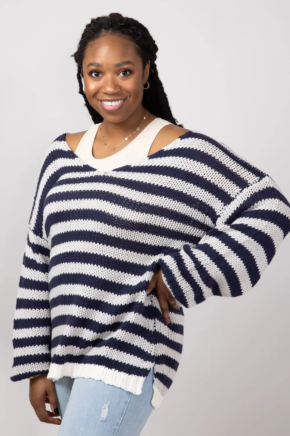 Miracle Striped V Neck Sweater for Women in Denim Combo | F183-DENIMCOMBO
