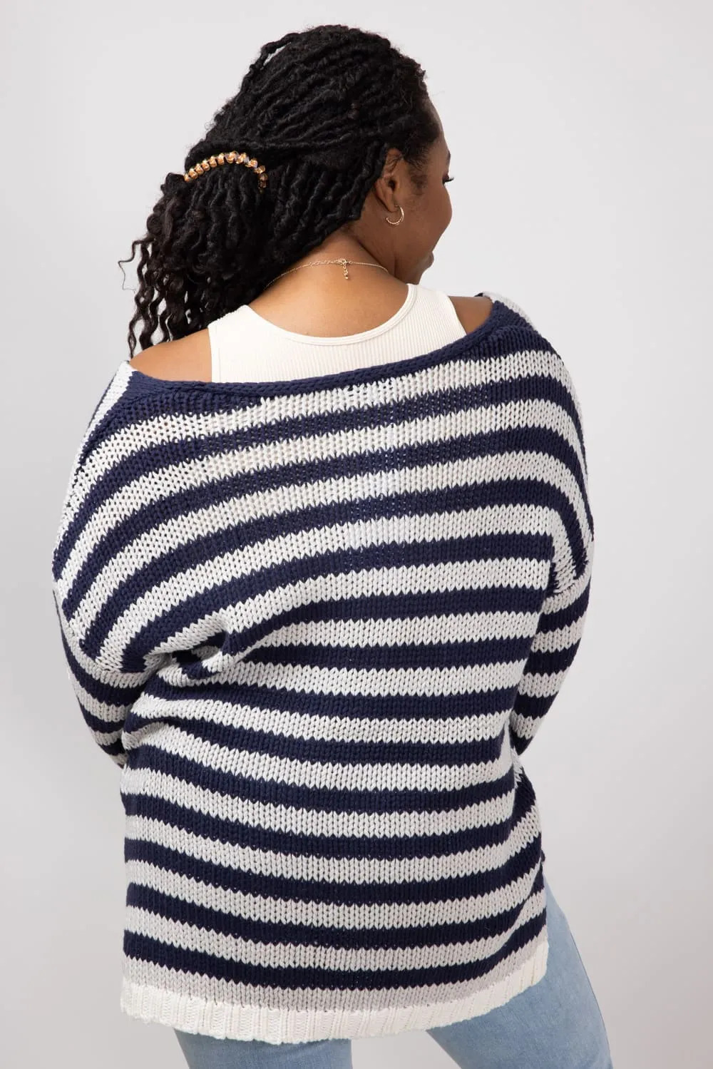 Miracle Striped V Neck Sweater for Women in Denim Combo | F183-DENIMCOMBO