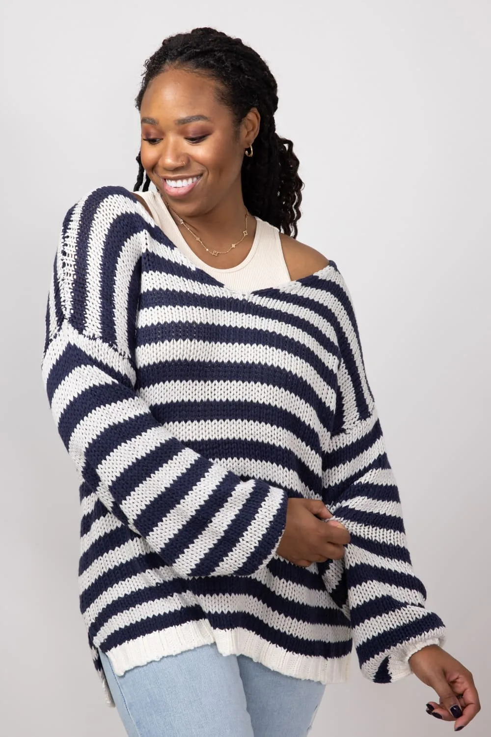Miracle Striped V Neck Sweater for Women in Denim Combo | F183-DENIMCOMBO
