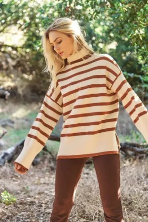 Mocha   Cream Stripe Cowl Neck Sweater