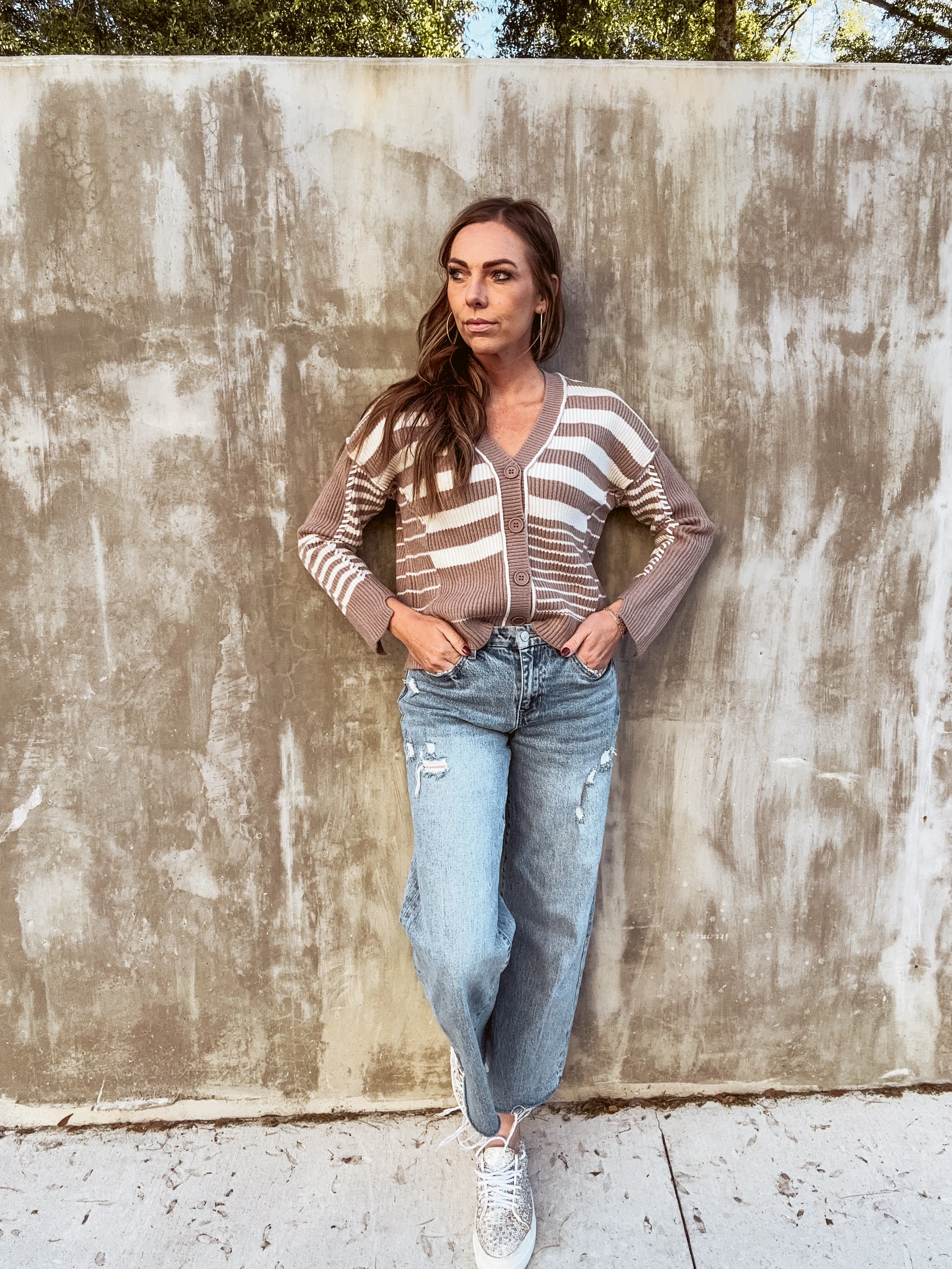 Mocha Multi Stripe Knit V Neck Cardigan