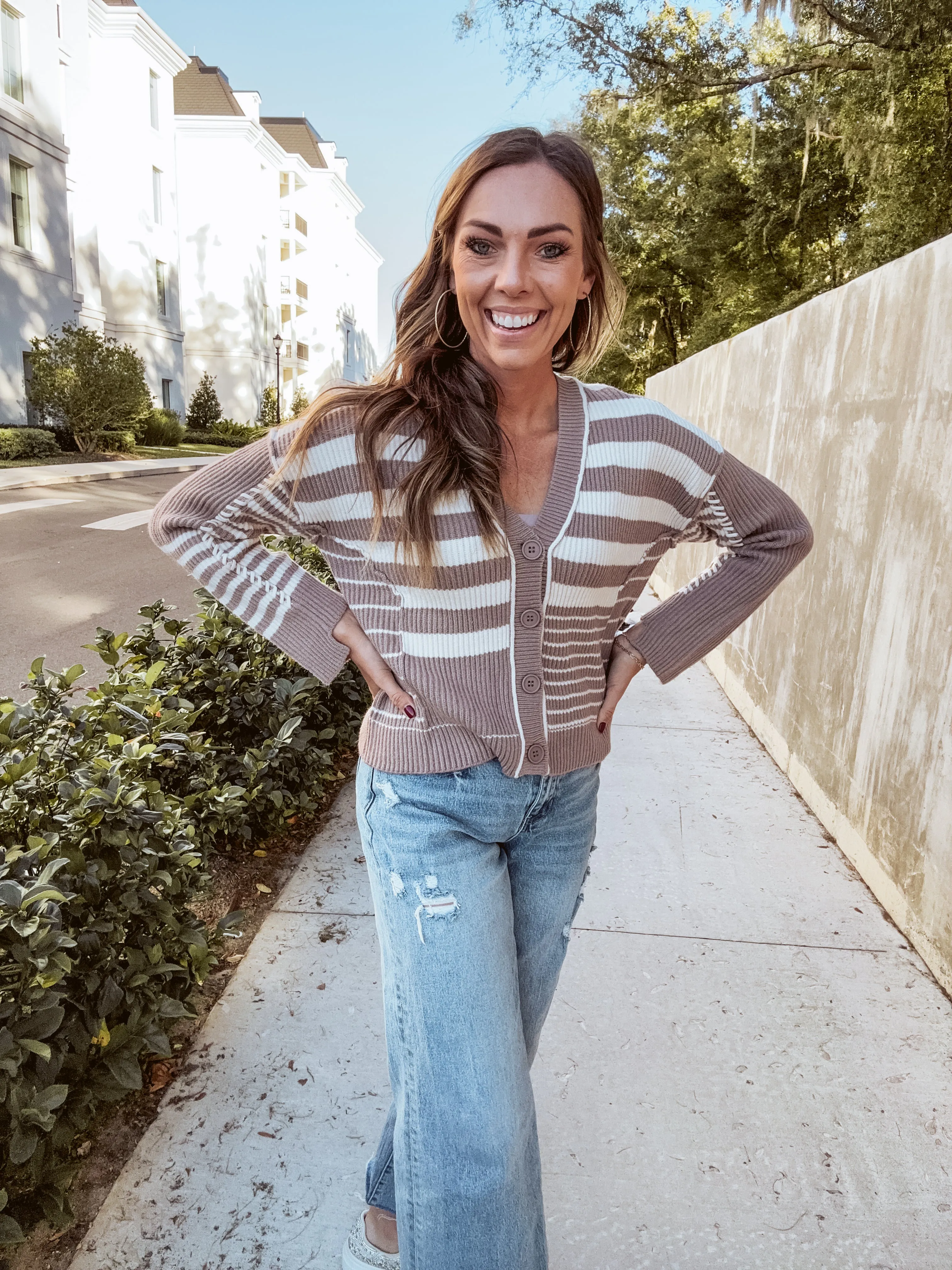 Mocha Multi Stripe Knit V Neck Cardigan