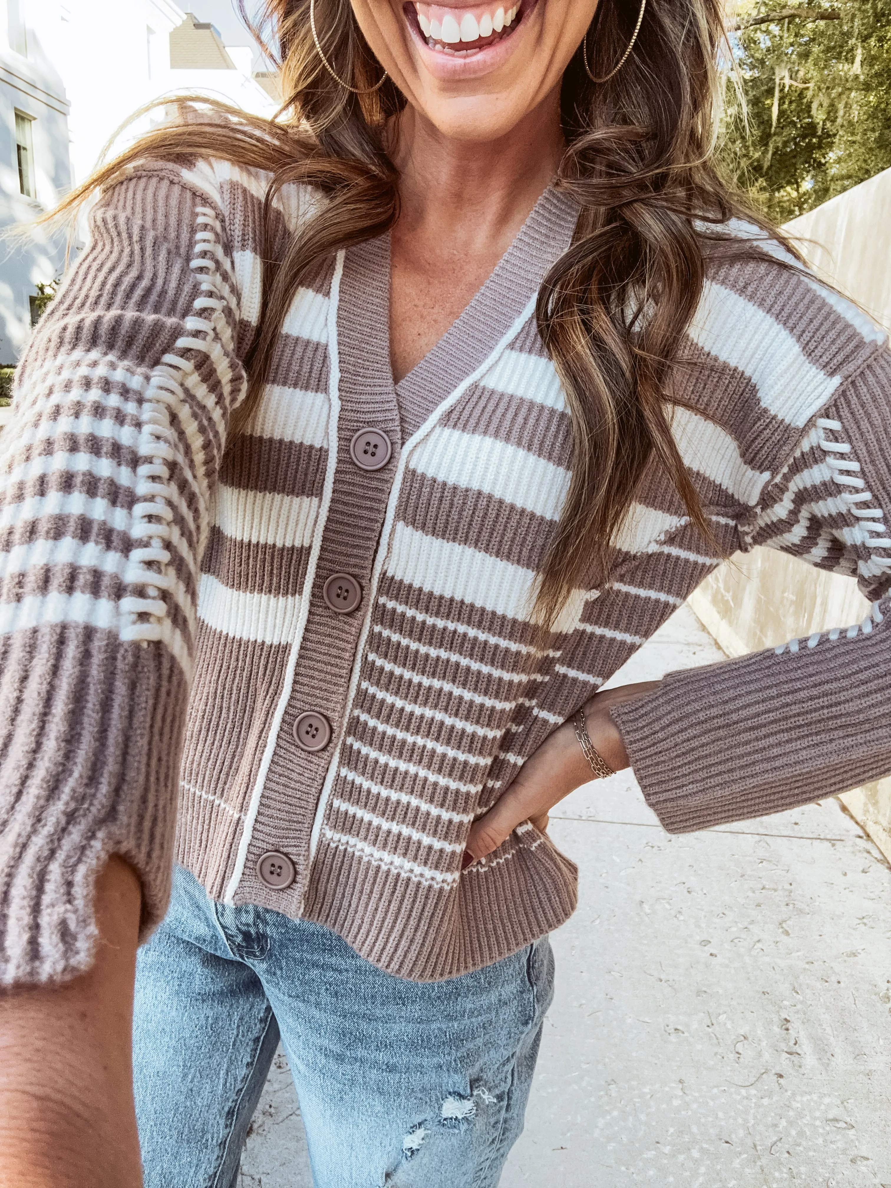 Mocha Multi Stripe Knit V Neck Cardigan
