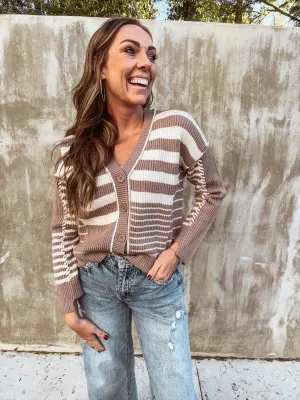 Mocha Multi Stripe Knit V Neck Cardigan