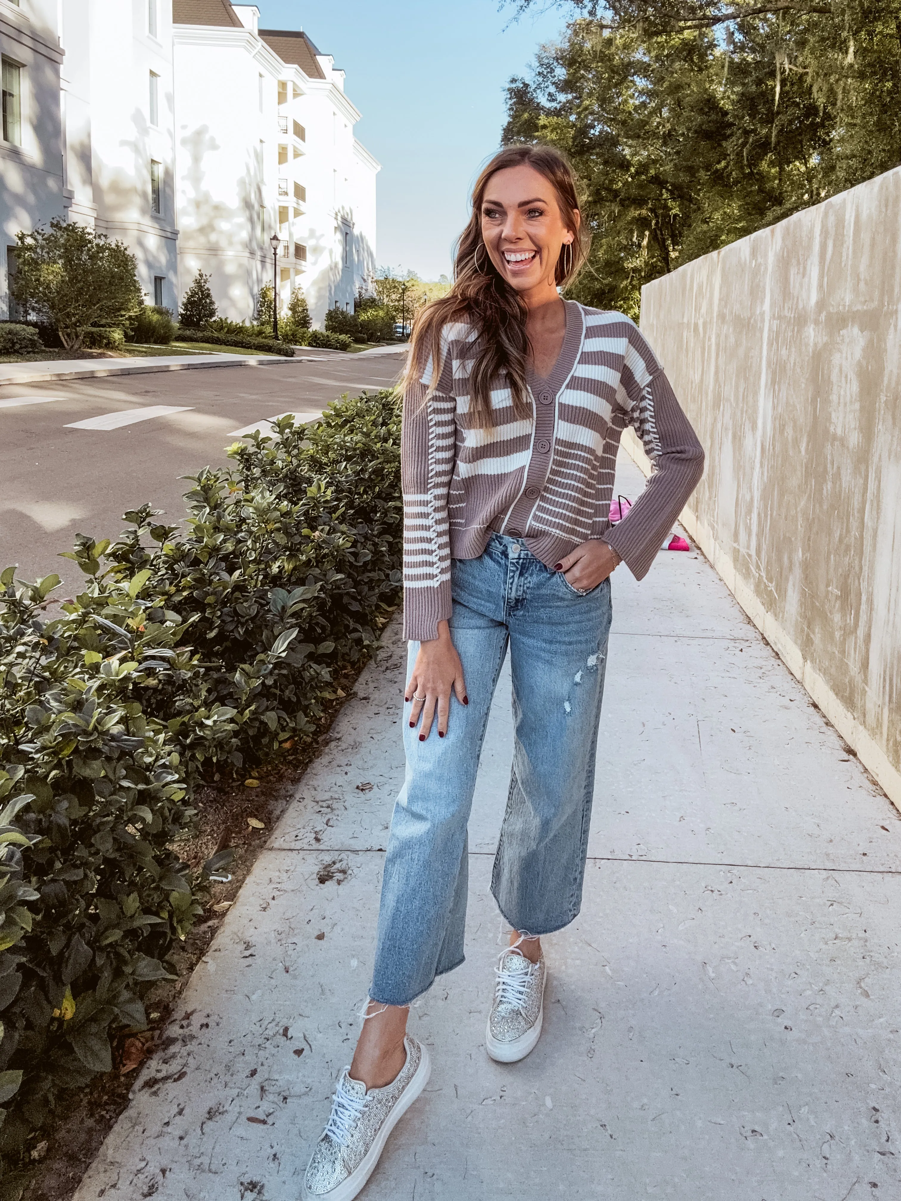 Mocha Multi Stripe Knit V Neck Cardigan