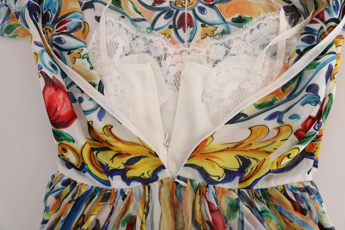 Multicolor Majolica Print Silk A-line Dress
