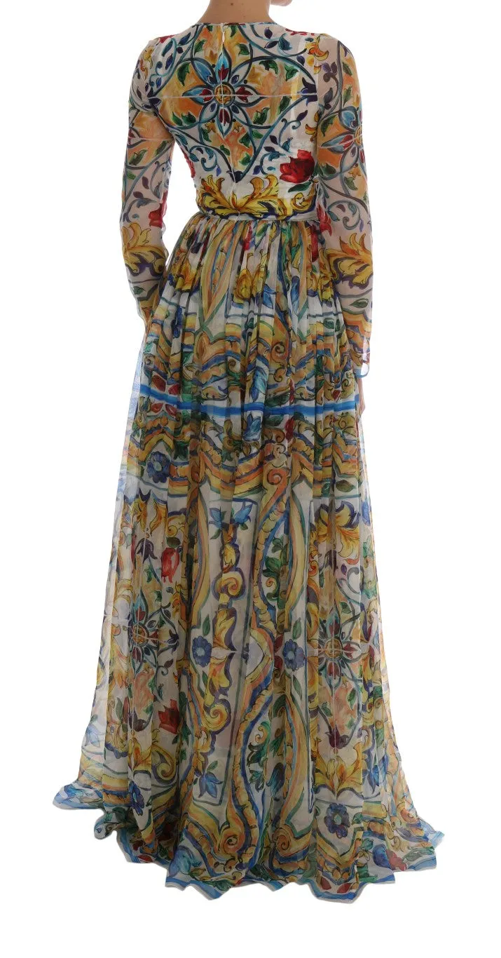 Multicolor Majolica Print Silk A-line Dress