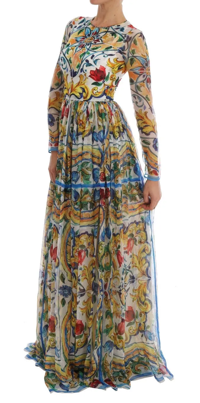 Multicolor Majolica Print Silk A-line Dress