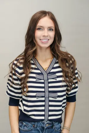 Navy Bow Detailed V Neck Striped Knit Top 34667