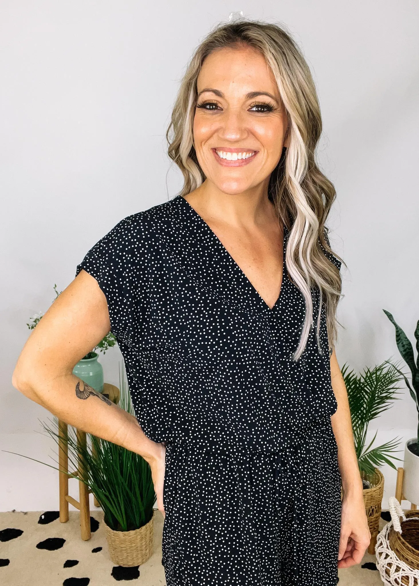Navy Polka Dot Surplice Elastic Waist Romper