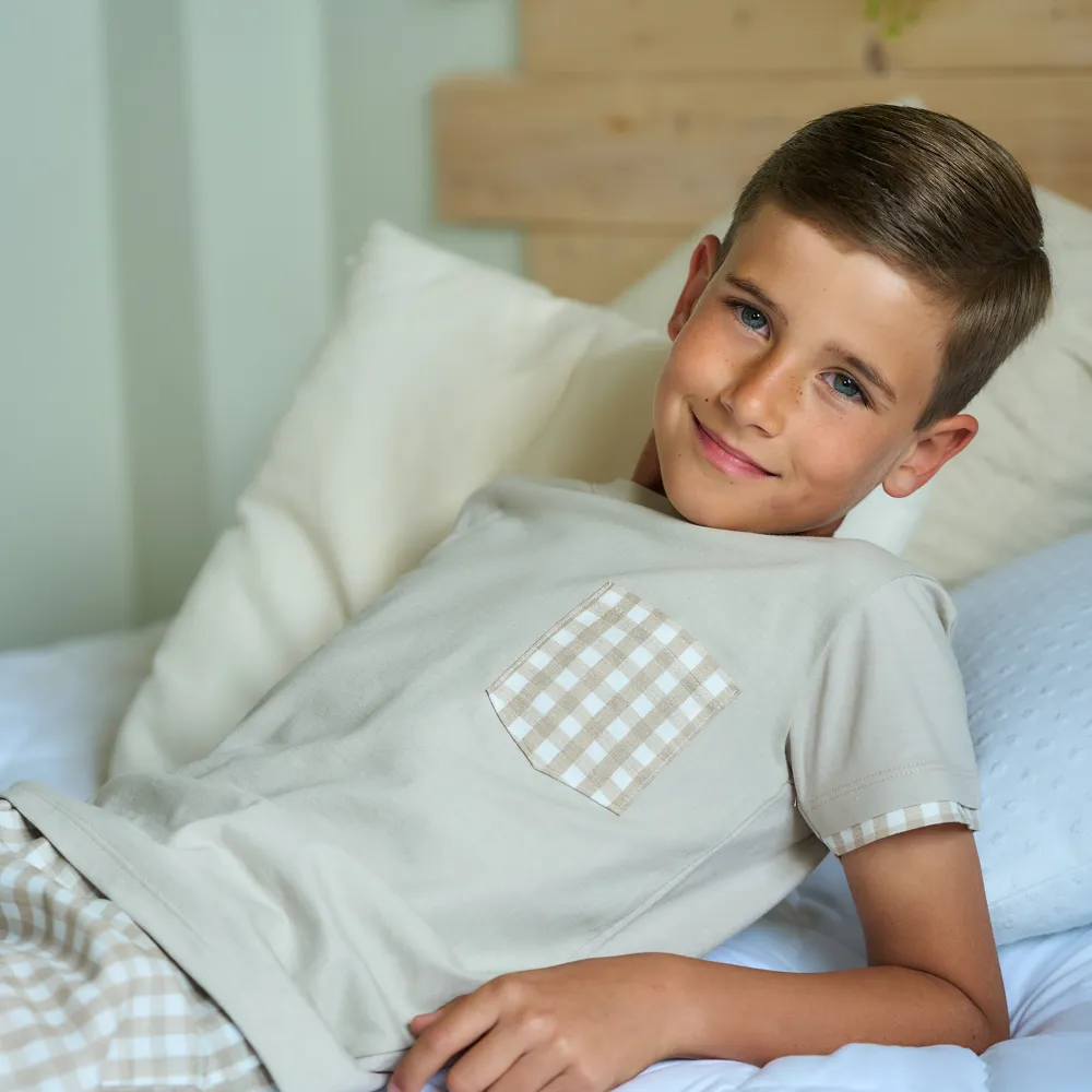 New In Rapife Boys Camel T-shirt & Checked Shorts Set