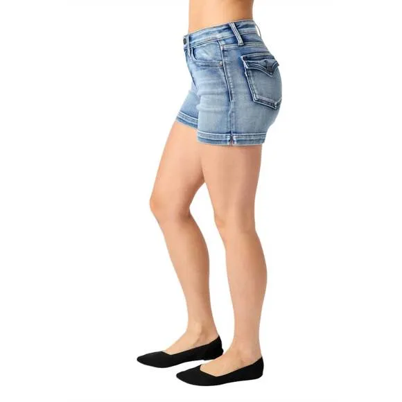 NEW JUDY BLUE mid-rise heavy contrast faux flap pocket shorts in blue