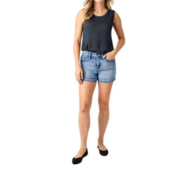 NEW JUDY BLUE mid-rise heavy contrast faux flap pocket shorts in blue
