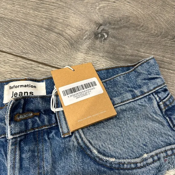 NEW • Reformation • Charlie High Rise Jean Denim Shorts Shasta Destroyed Blue 25