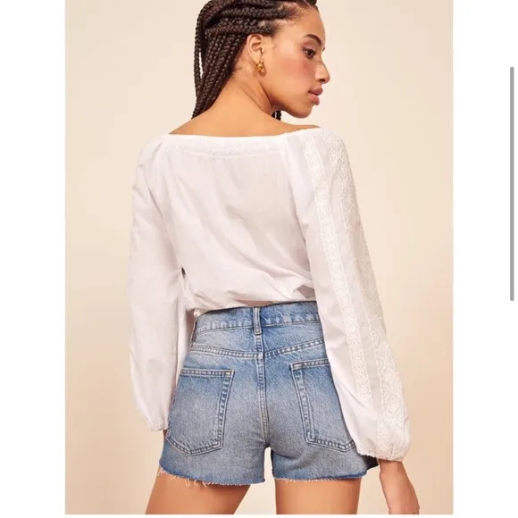 NEW • Reformation • Charlie High Rise Jean Denim Shorts Shasta Destroyed Blue 25