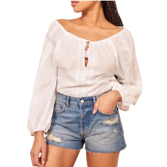 NEW • Reformation • Charlie High Rise Jean Denim Shorts Shasta Destroyed Blue 25