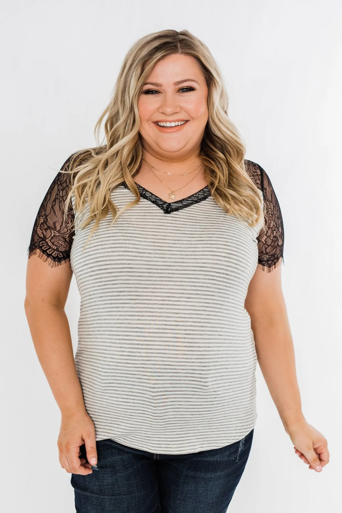 No Reason To Wait Striped Lace Top- Heather Grey