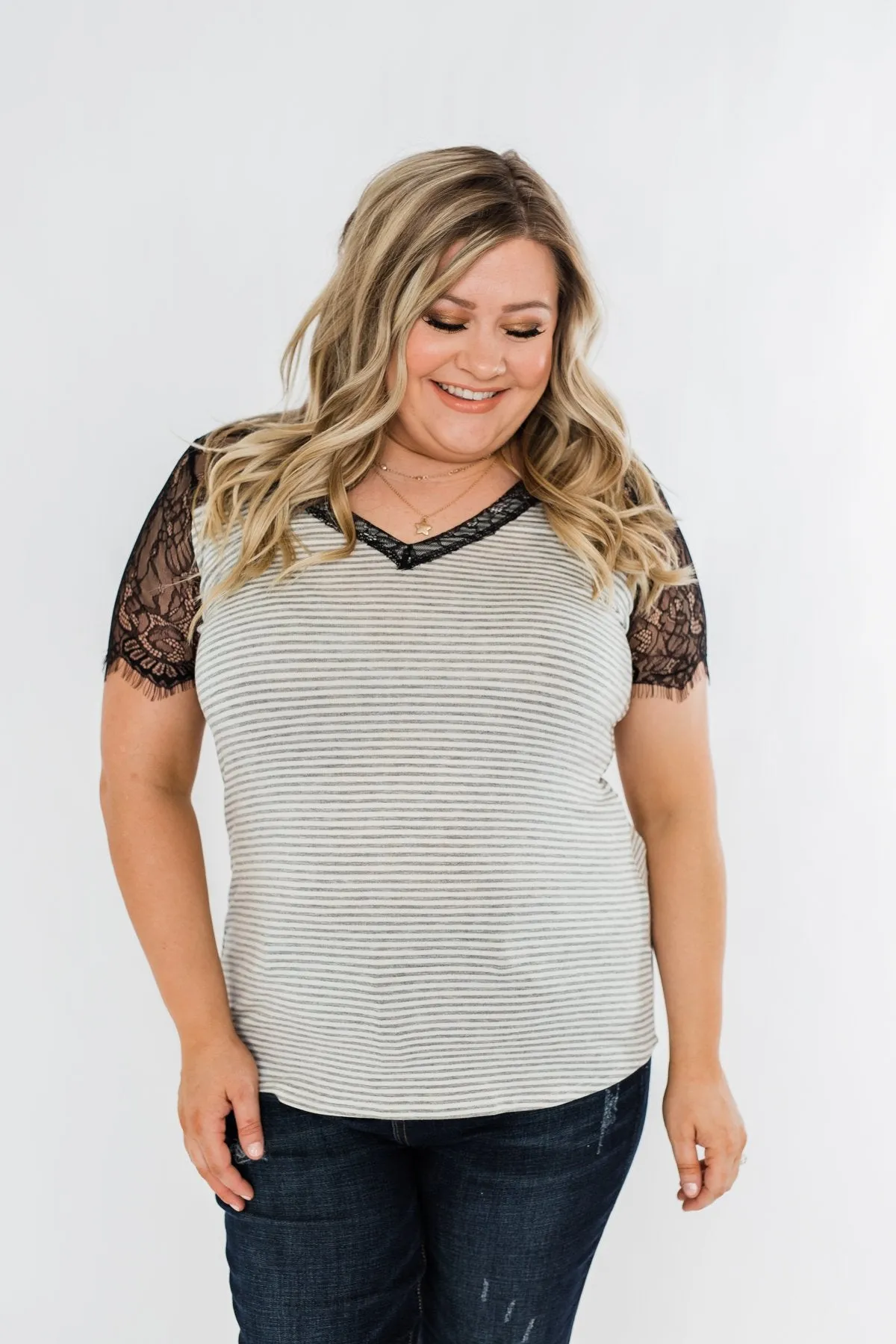 No Reason To Wait Striped Lace Top- Heather Grey