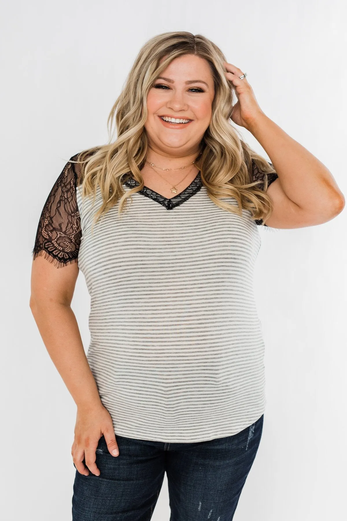 No Reason To Wait Striped Lace Top- Heather Grey