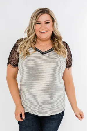 No Reason To Wait Striped Lace Top- Heather Grey