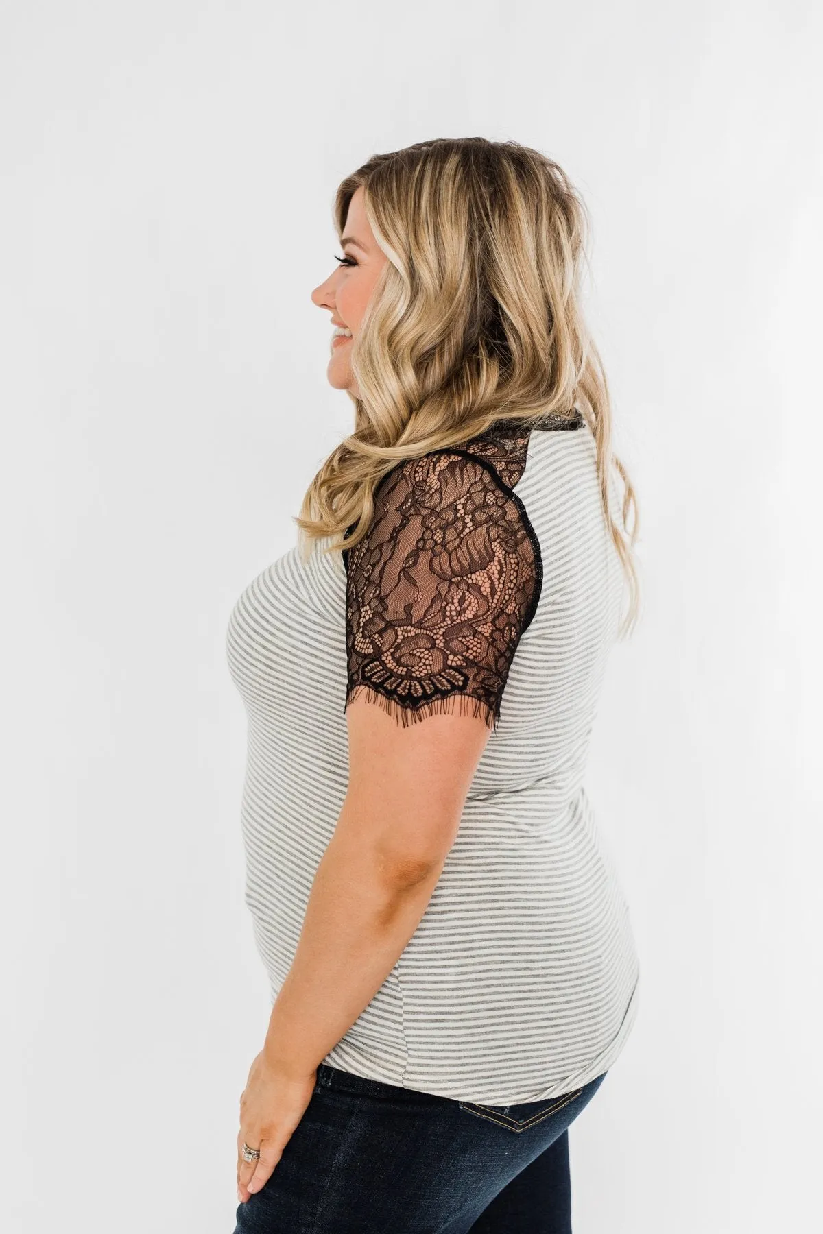 No Reason To Wait Striped Lace Top- Heather Grey