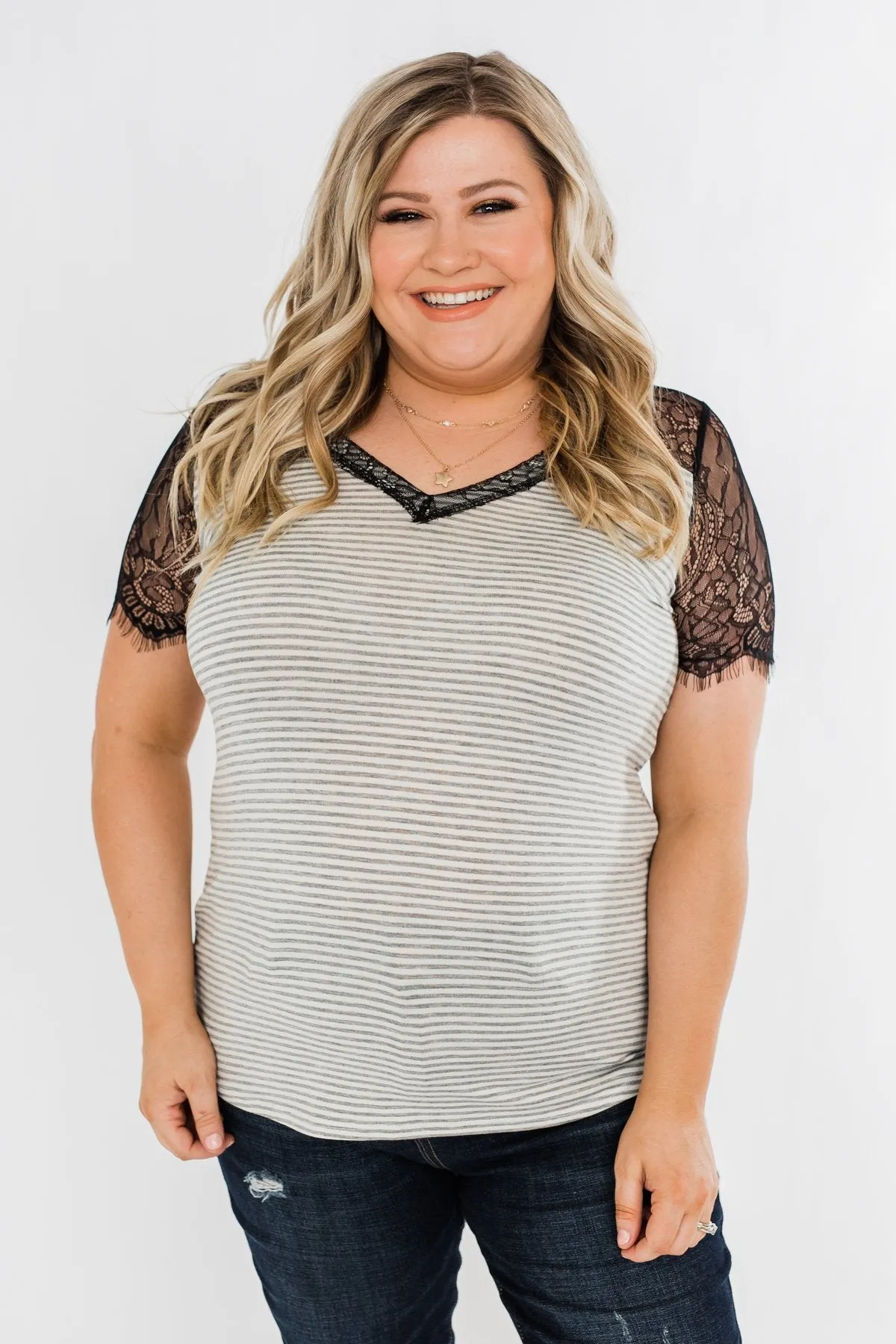 No Reason To Wait Striped Lace Top- Heather Grey