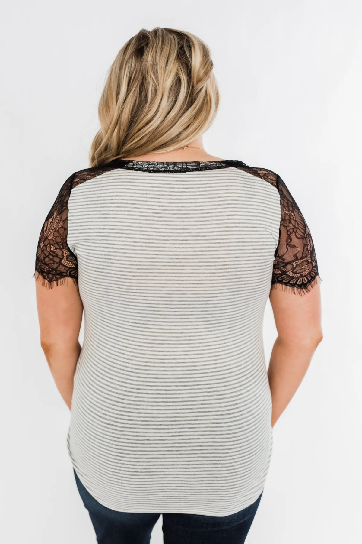 No Reason To Wait Striped Lace Top- Heather Grey