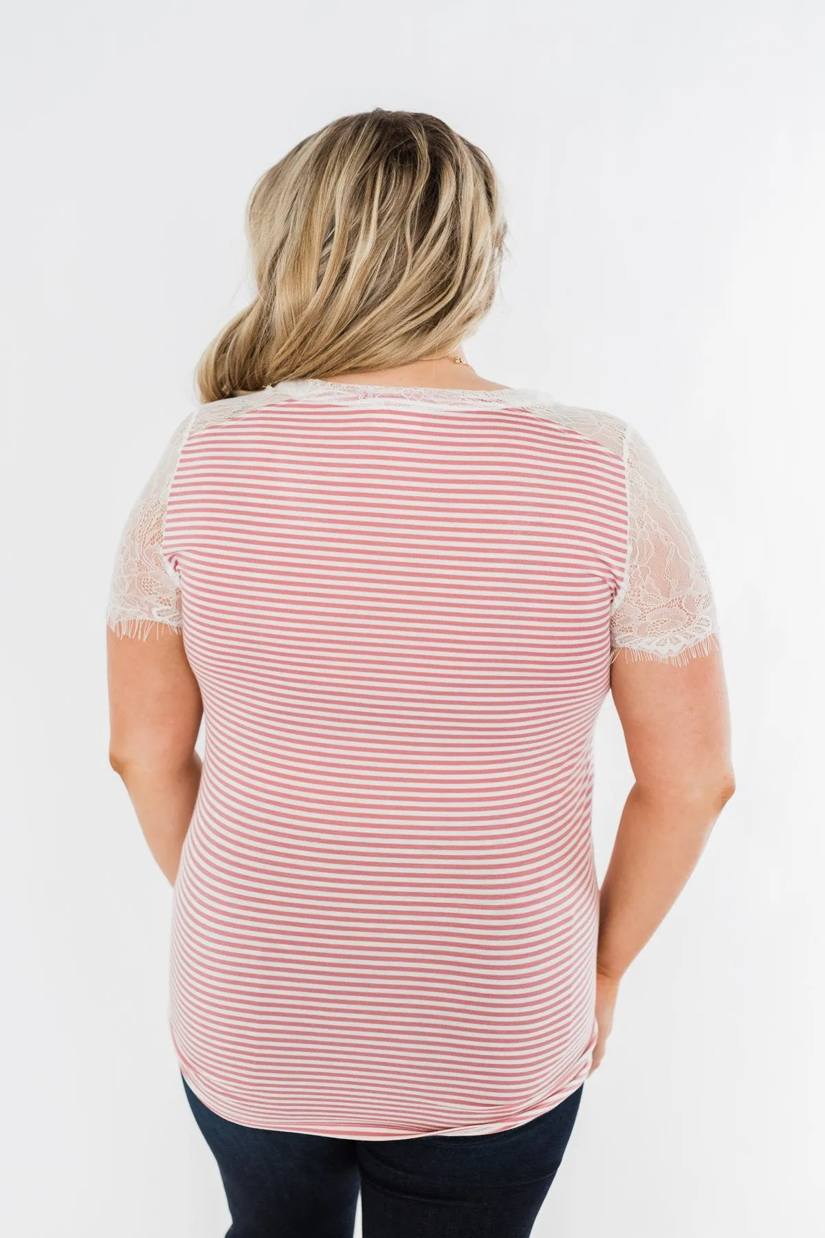 No Reason To Wait Striped Lace Top- Pink