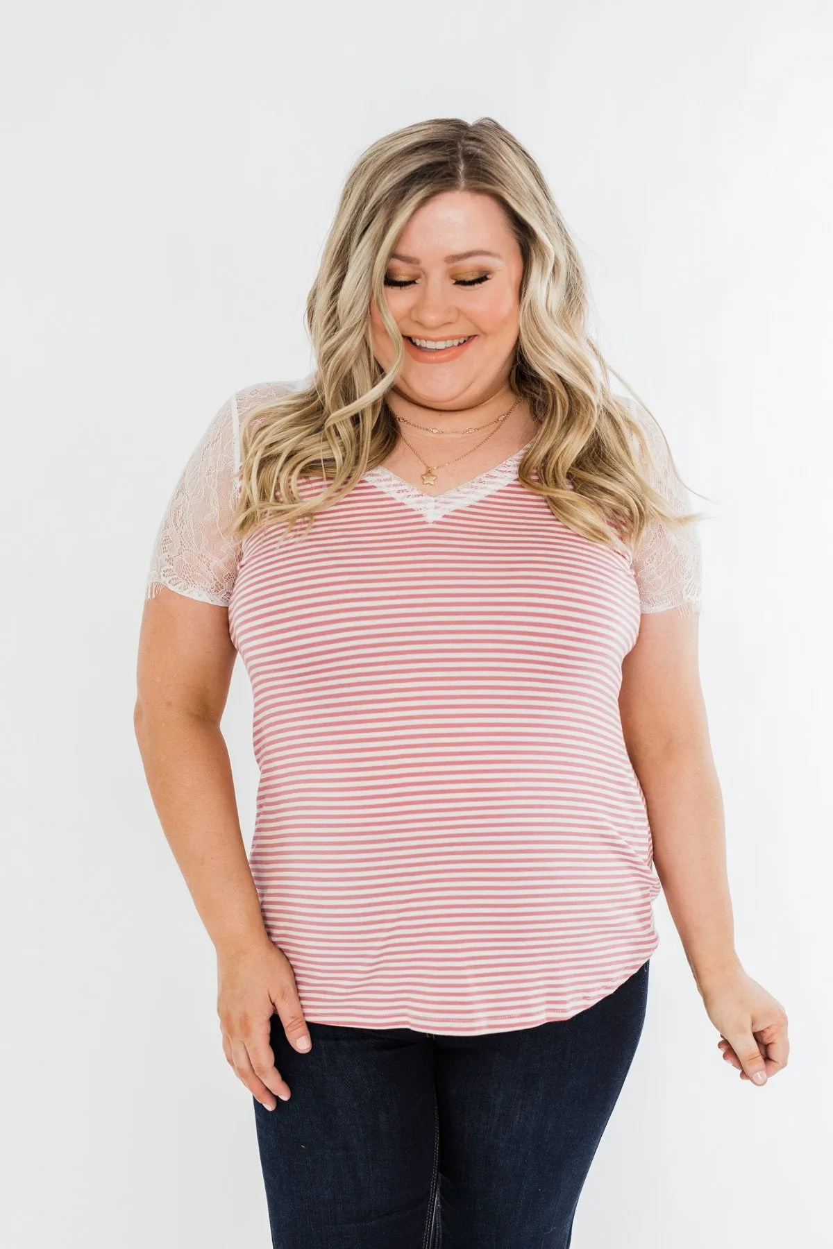 No Reason To Wait Striped Lace Top- Pink