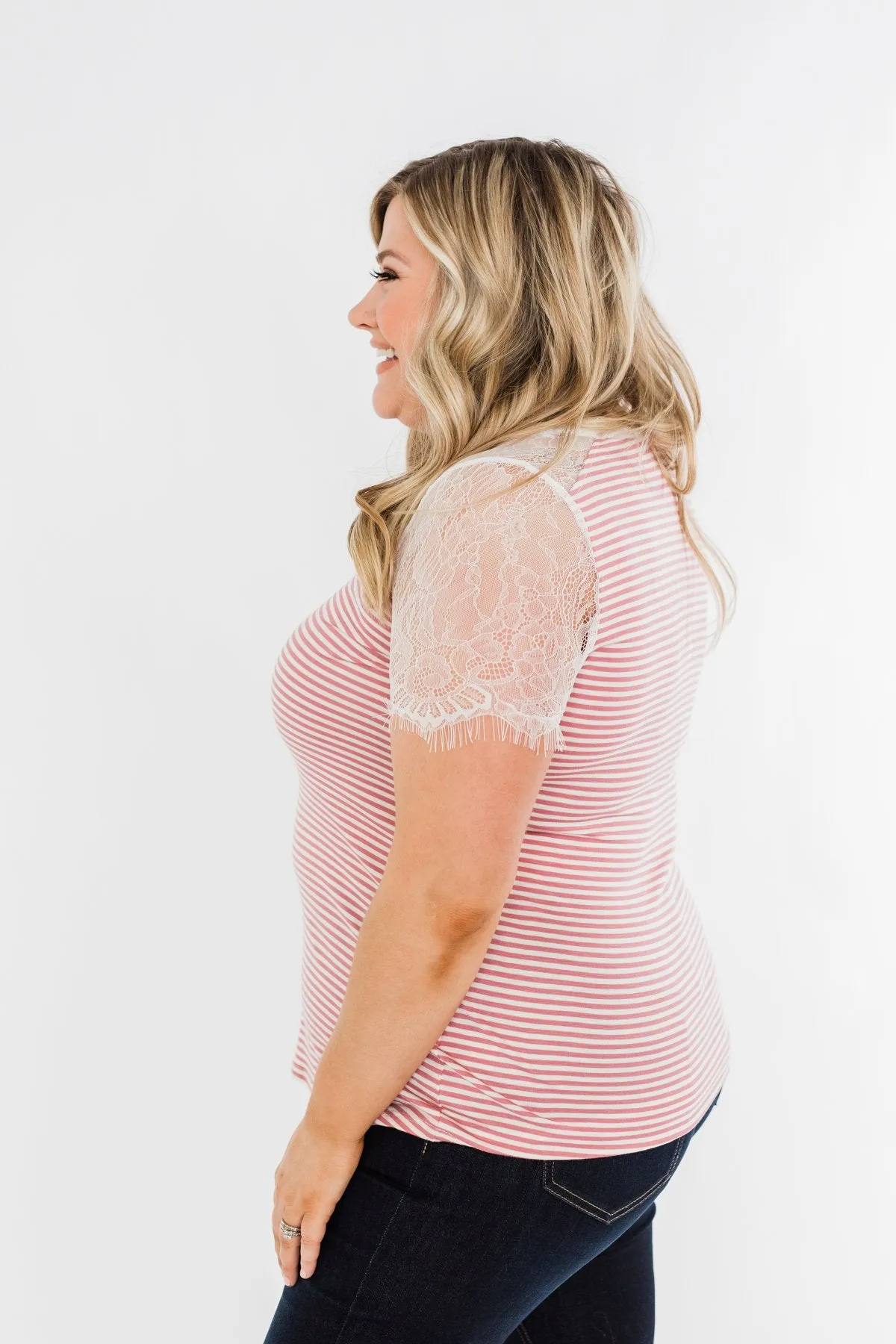 No Reason To Wait Striped Lace Top- Pink