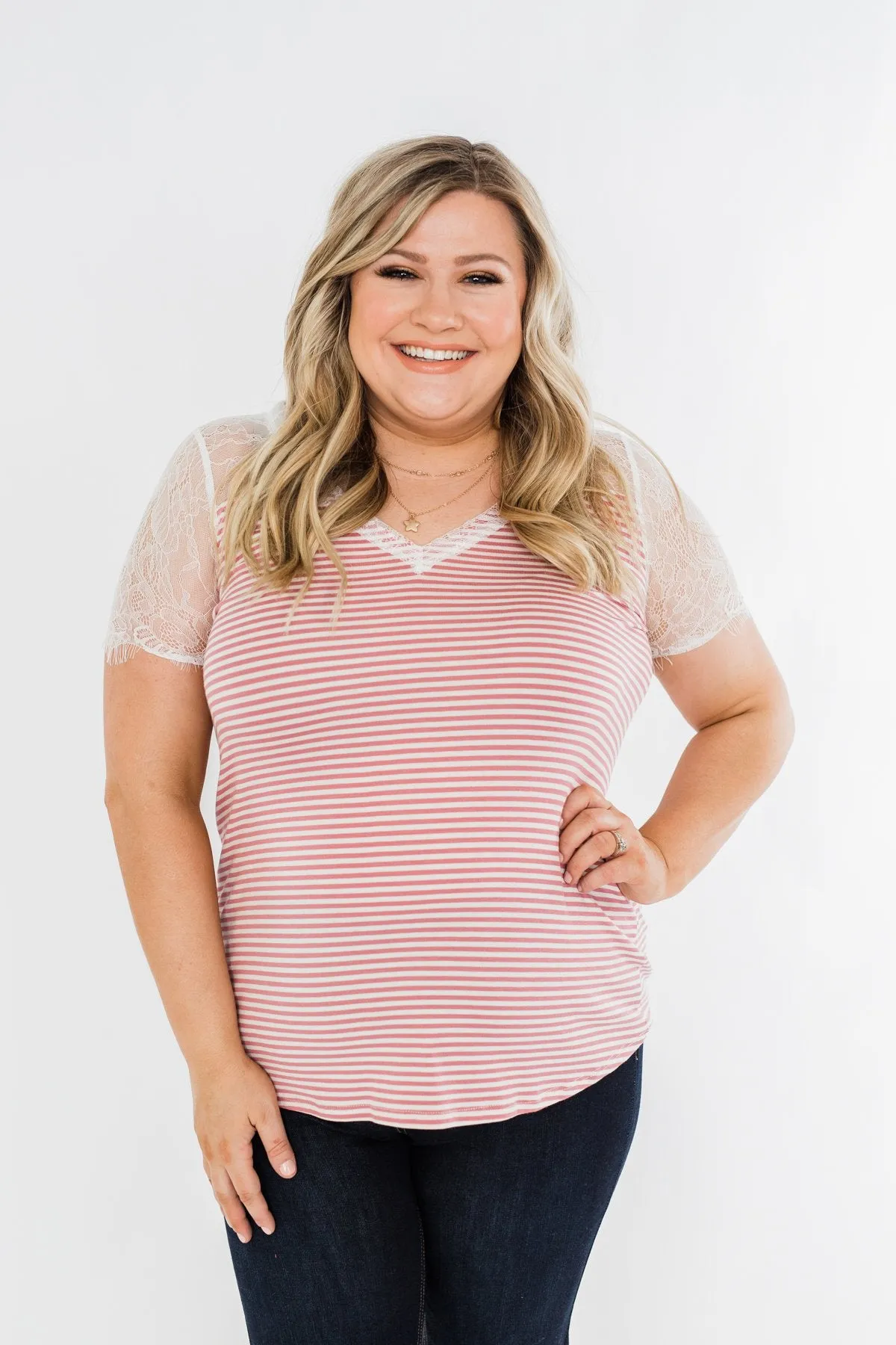 No Reason To Wait Striped Lace Top- Pink