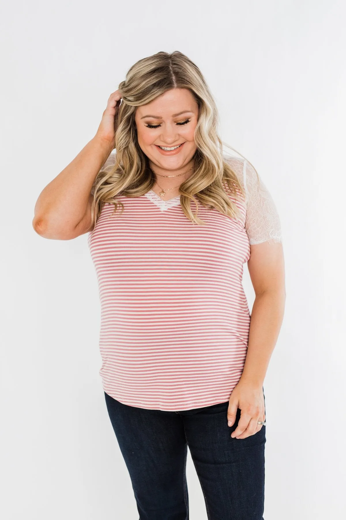 No Reason To Wait Striped Lace Top- Pink