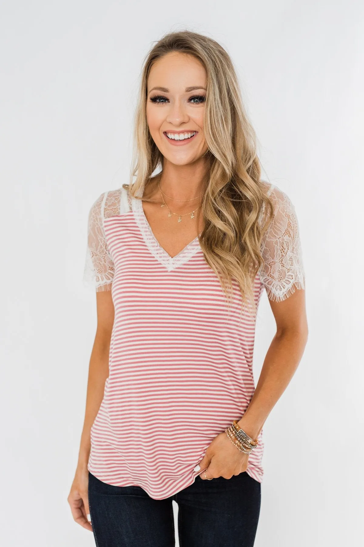 No Reason To Wait Striped Lace Top- Pink