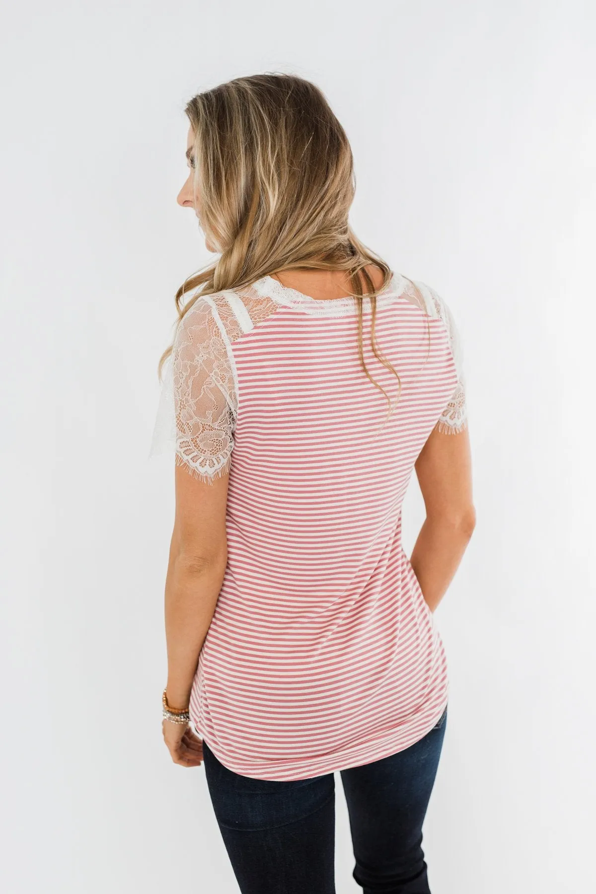 No Reason To Wait Striped Lace Top- Pink