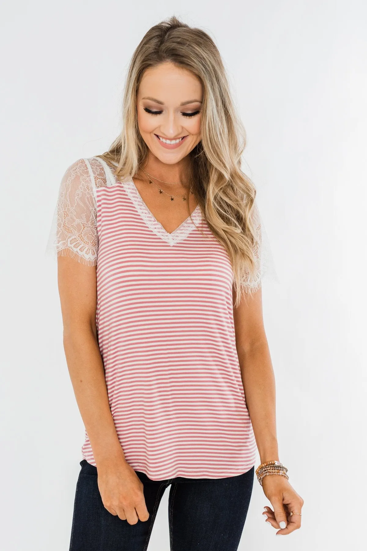 No Reason To Wait Striped Lace Top- Pink