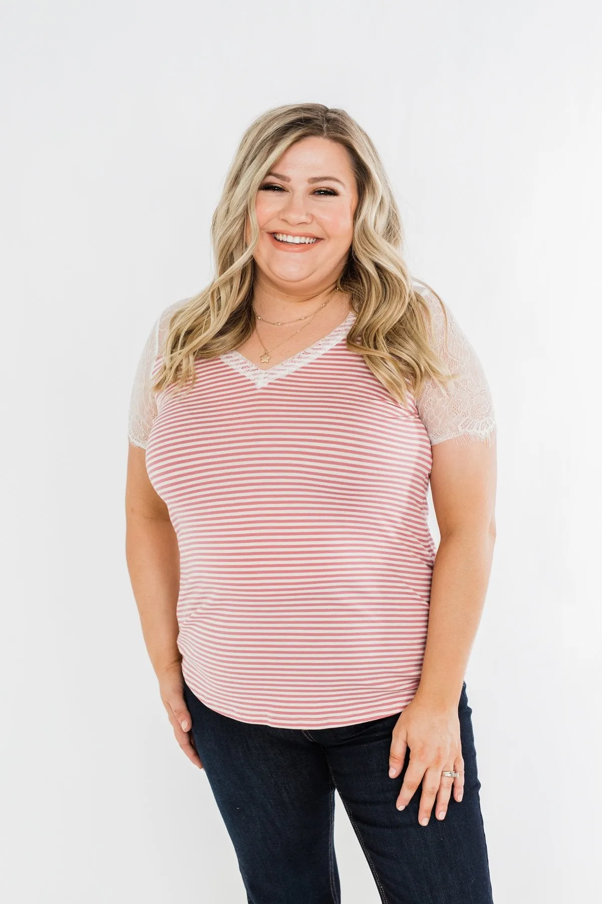 No Reason To Wait Striped Lace Top- Pink