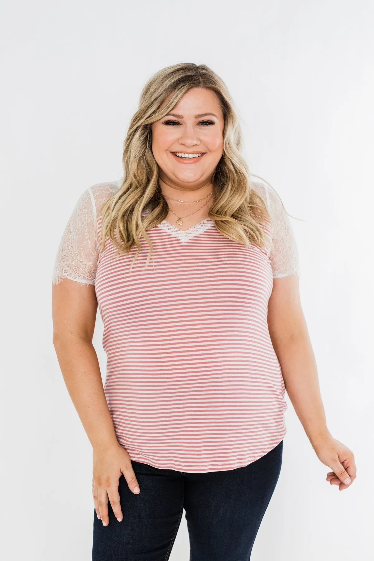 No Reason To Wait Striped Lace Top- Pink