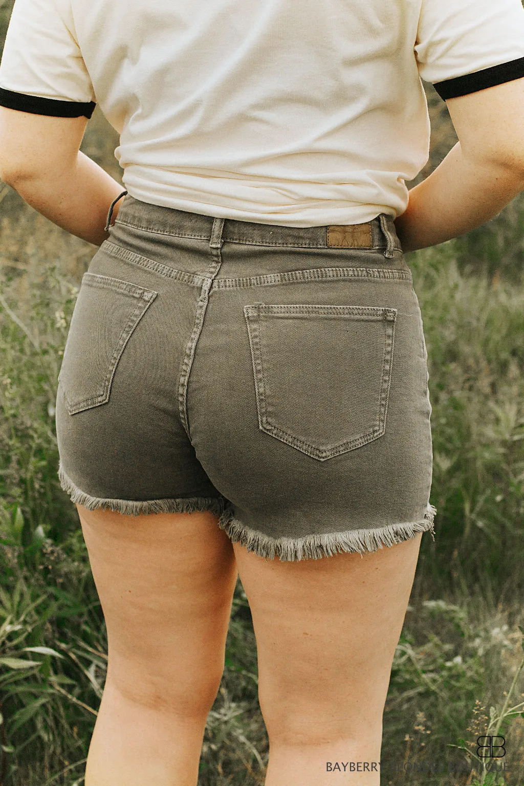 Non Distressed Cut Off Denim Short-Olive Green